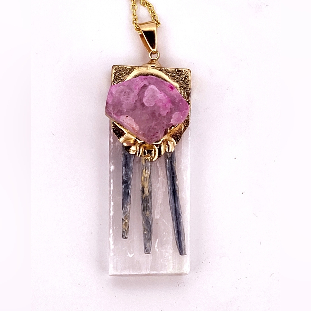 Natural Kyanite, Selenite & Pink Geode Crystal Gold Necklace Nkspgcgn2